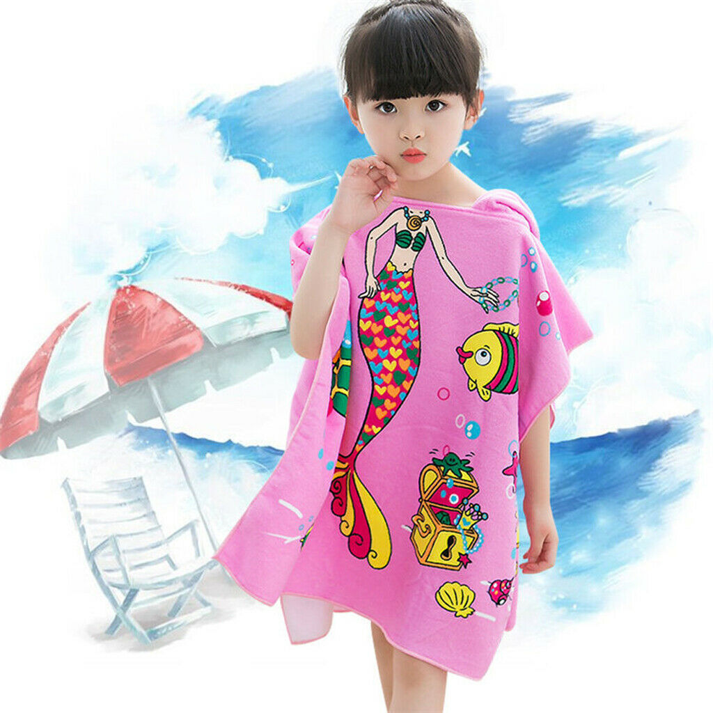 2Pcs Toddler Hooded Bath Robe, Cute Mermaid Soft Beach Towel, Swim Pool Coverup