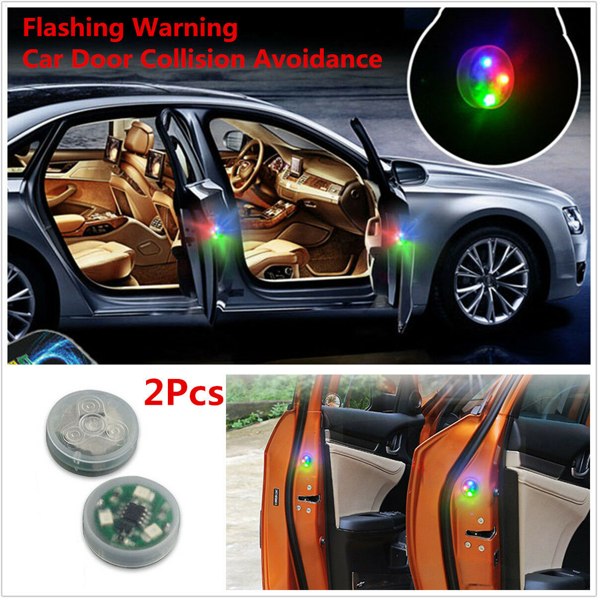 2xWireless Car Door Anti-Collision Flash Warning Signal LED Light Indicator Lamp