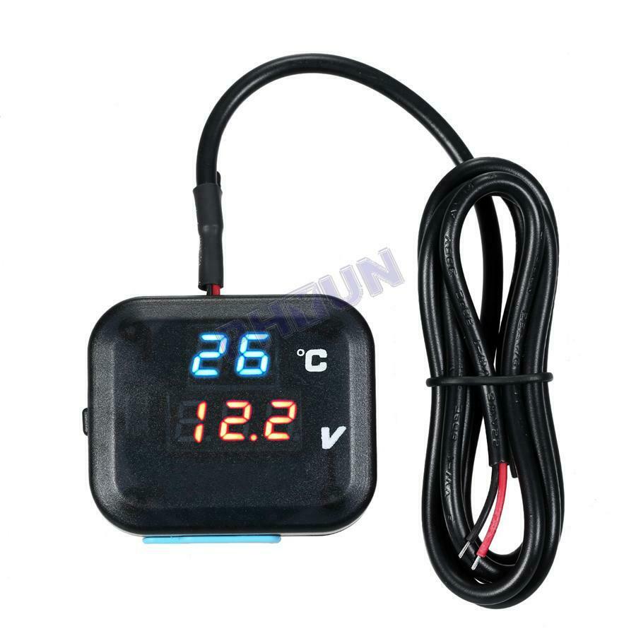 Motorcycle Thermometer Voltage Temp Gauge Blue Red Display w/ USB Phone Charger