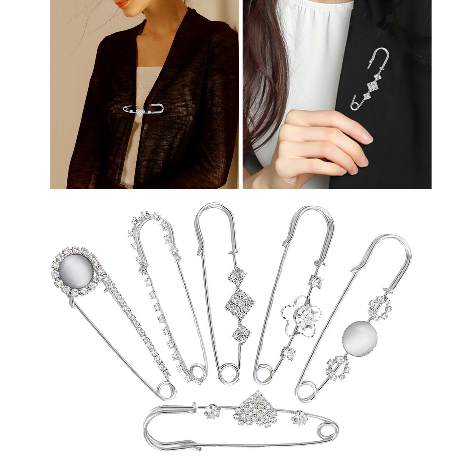Set of 6 Exquisite Women Crystal Brooch Pins Anti-Exposure Neckline Buckle