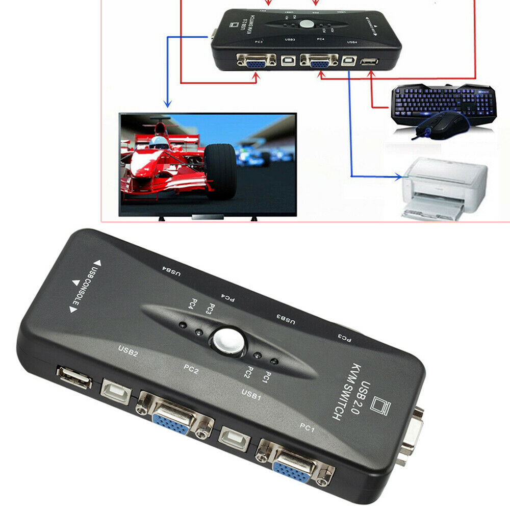 4-Port USB 2.0 KVM Switch Box Mouse/Keyboard/VGA Video Monitor 200MHz 1920x1440