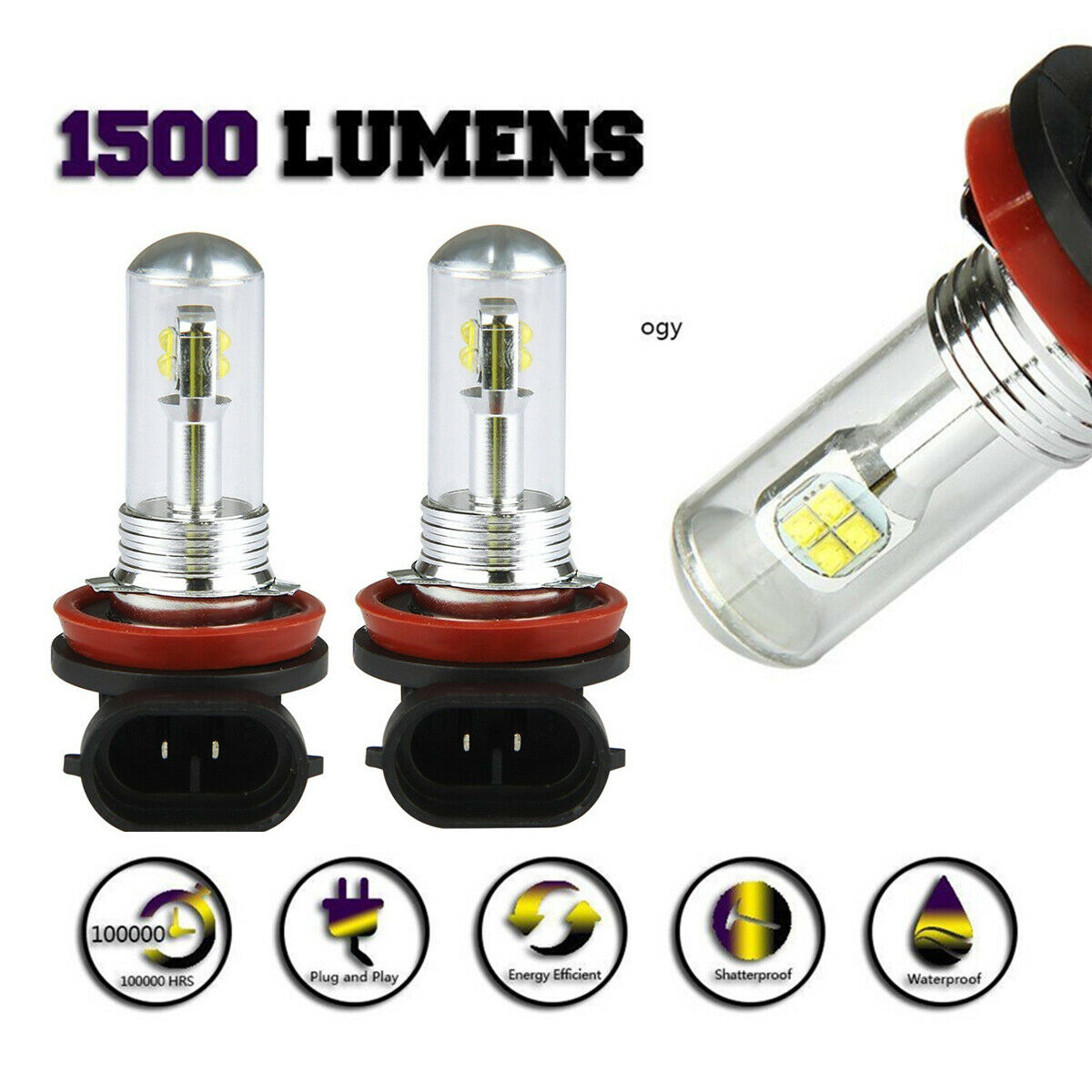 2 x CREE LED H8/H11 Low Beam Fog Light Bulb 360Â° beam white 6000K 80W Waterproof