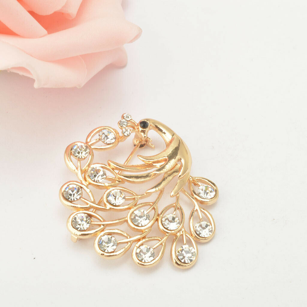 Elegant Peacock Crystal Rhinestone Golden Collar Brooch Pin Wedding Bridal