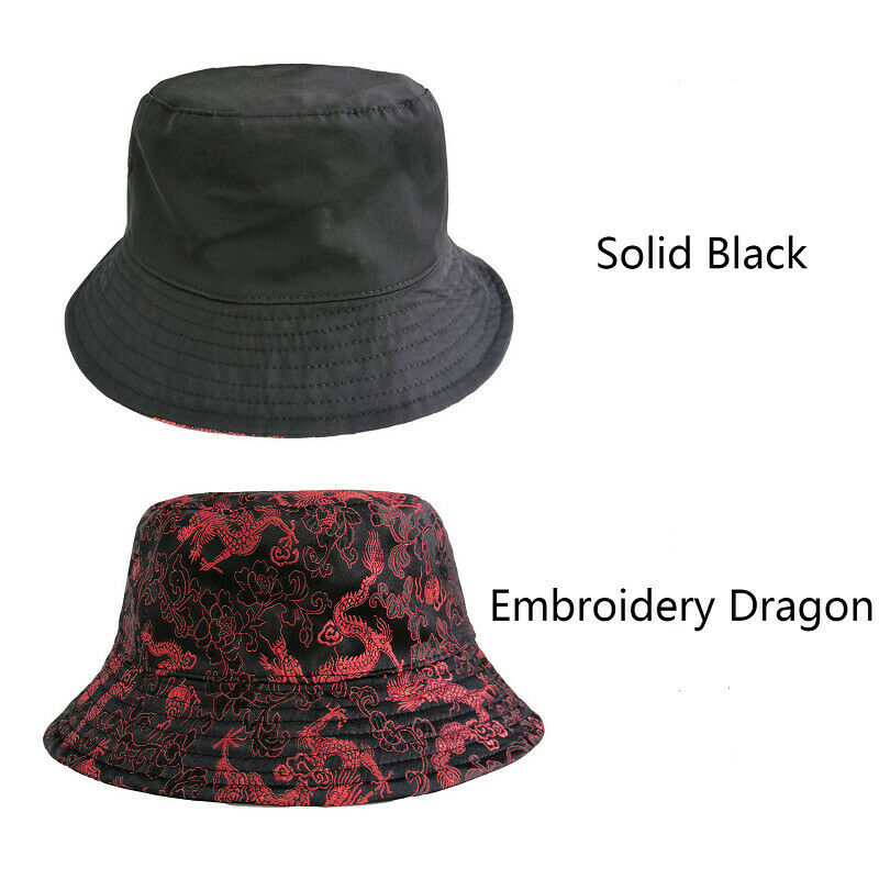 Unisex Chinese Dragon Embroidered Double Side Bucket Hat Fisherman Sun Cap Retro