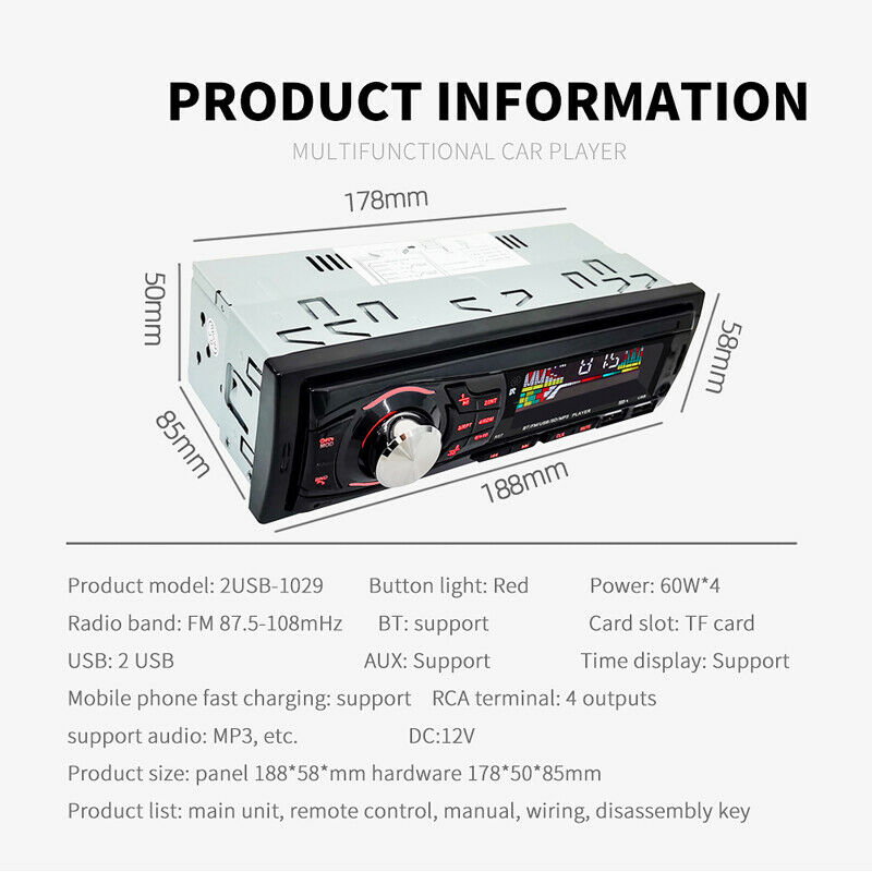 Single Din Car Stereo LCD Bluetooth Audio Multimedia MP3 USB FM Radio Receiver