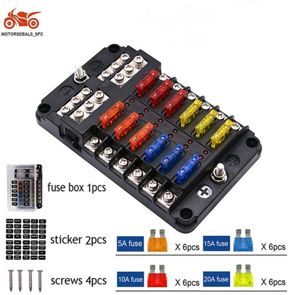 12-Way Blade Fuse Box Block Holder LED Indicator 12V-32V Auto Marine Car Boat