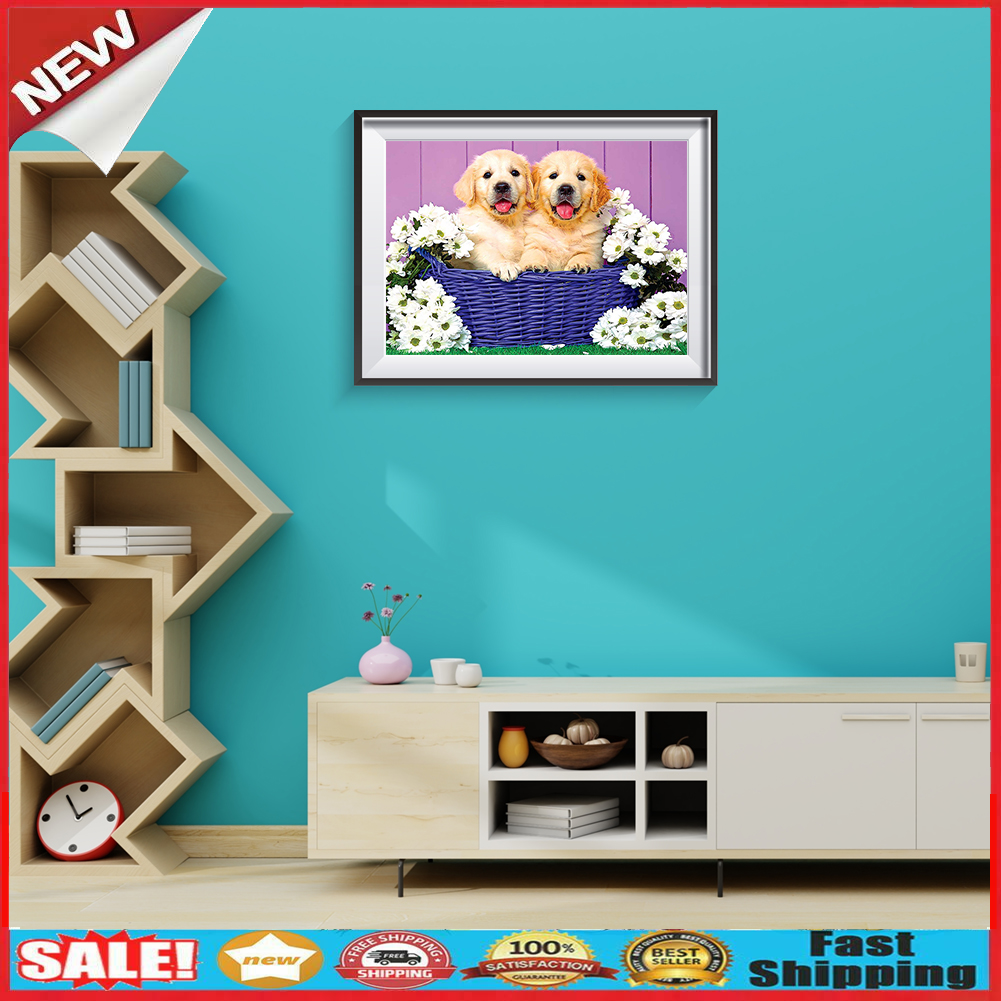 5D DIY Diamond Painting Two Dogs in Basket Full Drill Animal Cross Stitch @