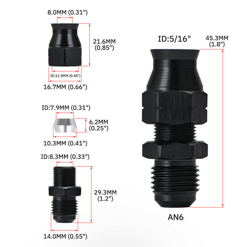 6AN to 5/16" Fuel Adapter Fitting GM Quick Connector with Thread Female Black