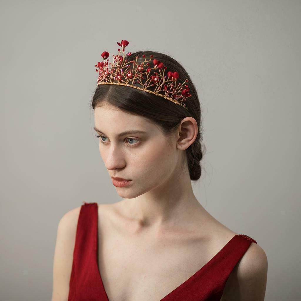 Bride Crown Headband Red Tiara Hair Band Party Headwear Headdress Headpiece