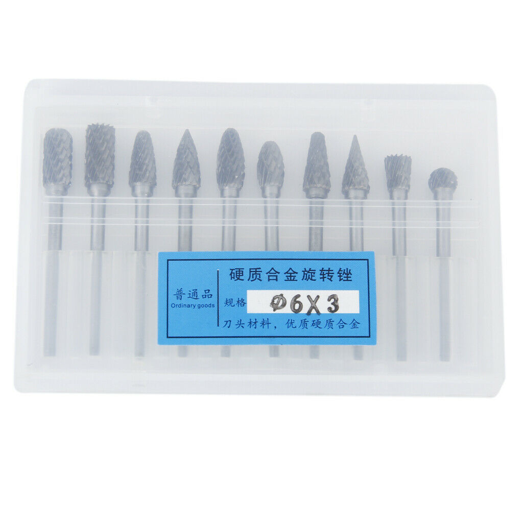 10Pcs Mixed Shape  Steel YG8 Carbide Rotary Burrs Set Diameter 3mm Shank