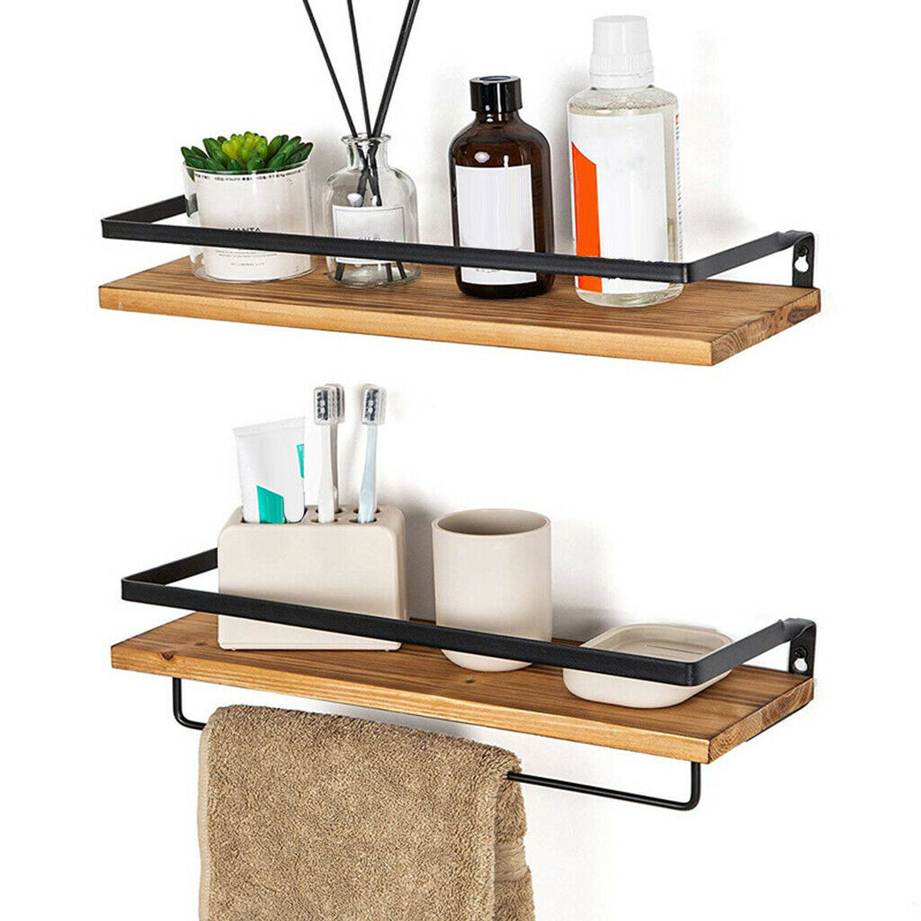 Wall Mounted Shelf with Towel Bar Rustic Livingroom Storage Floating Shelves