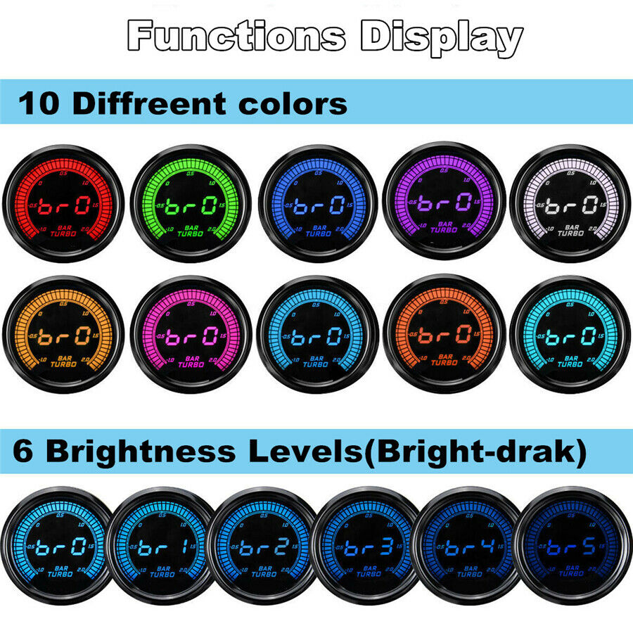 2" 52mm Digital & Pointer 10 Color LED Car Turbo Boost Meter Bar Pressure Gauge