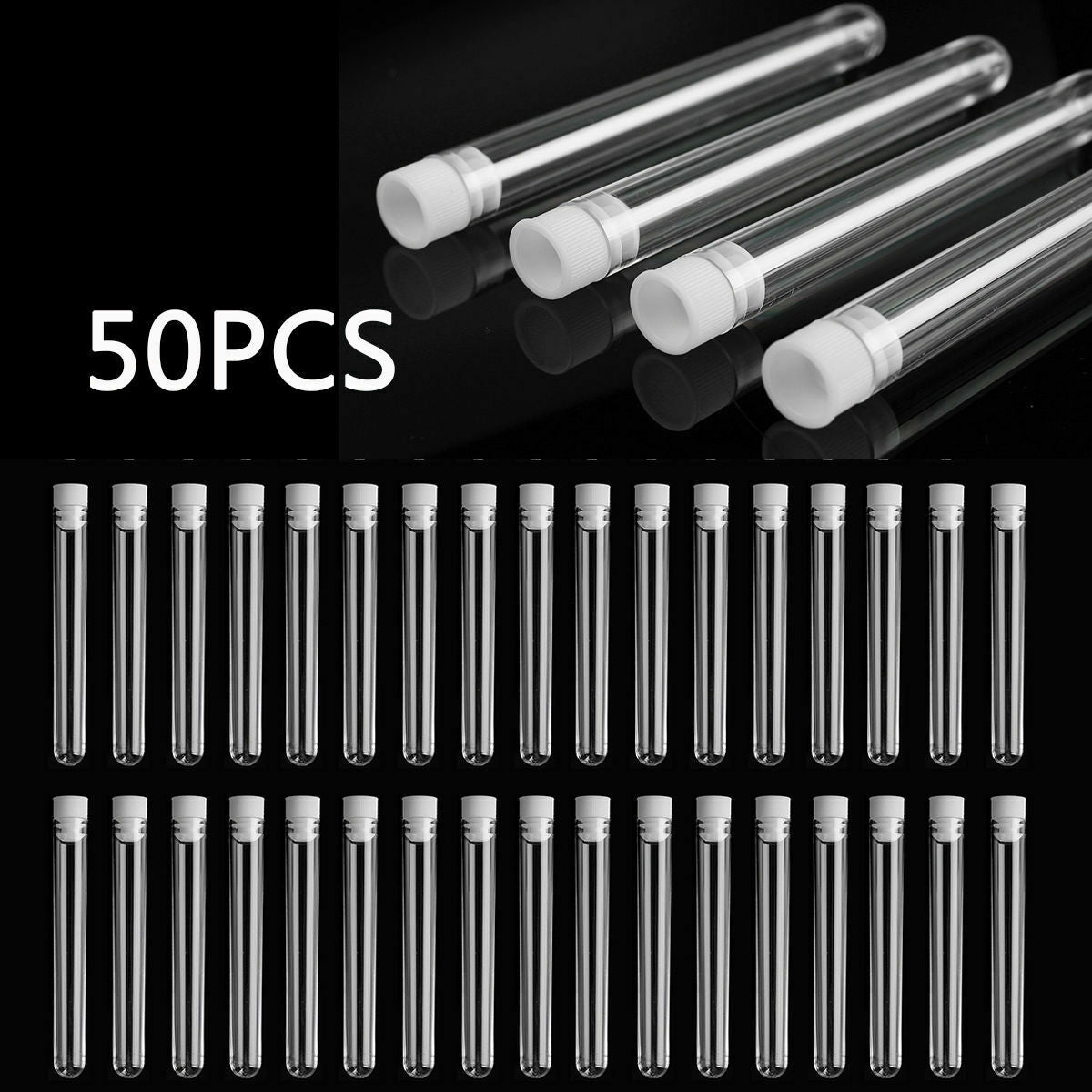 50Pcs Transparent Clear Plastic Test Tubes Vials 100mm x 12mm With Push Caps Ki