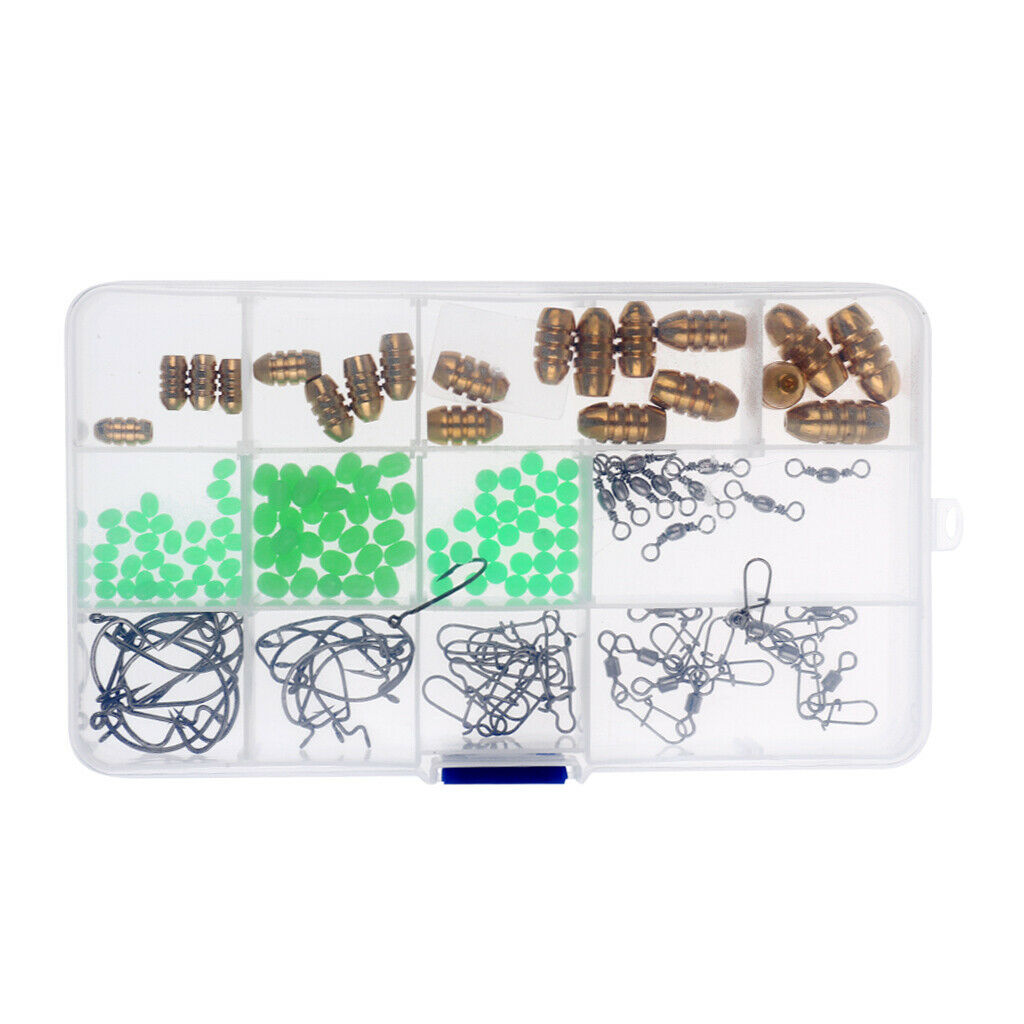 100pcs Carp Fishing Tackle Box Set Weights Safety Clips Hooks Snap Swivels