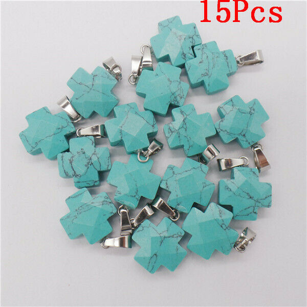15Pcs 16x7mm Green Turquoise Faceted Cross Pendant Bead Jewelry Making HH9521