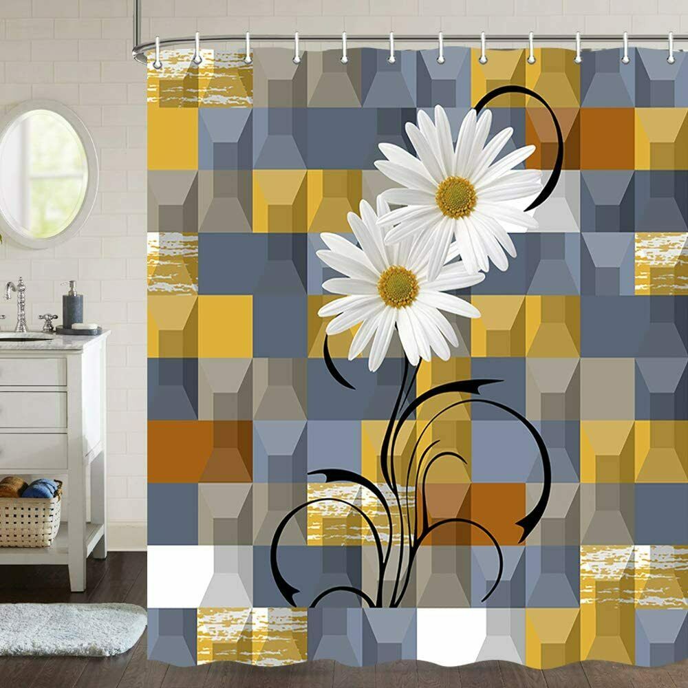 Daisy Flower Against Colorful Geometric White Daisy Field Blooms Shower Curtain