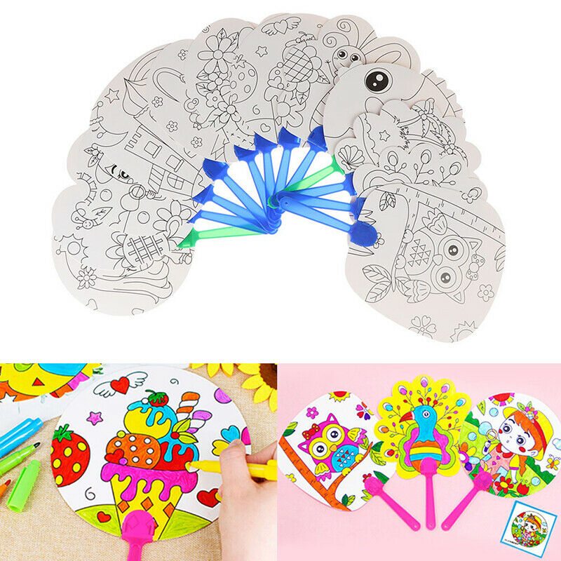 1Pc DIY kids coloring cartoon hand fan craft kindergarten drawing toys .l8
