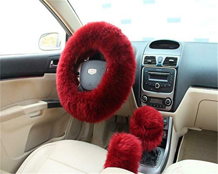 3Pcs Car Steering Wheel Cover Handbrake / Gear Knob Cover Kits Red Plush Wool