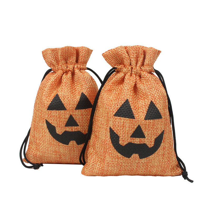 5Pcs 9*12cm Halloween Drawstring Burlap Jute Bags Pumpkin Candy Storage B EA FT