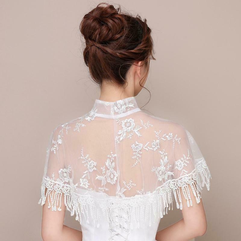 High Neck Jacket Wedding Bolero Floral Lace Tassel Bridal Wraps Cape Women Shrug