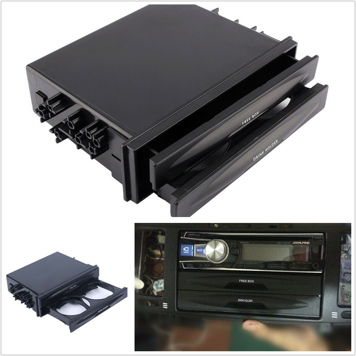Universal Car truck Black Double Din Radio Pocket Drink-Cup Holder Storage Box