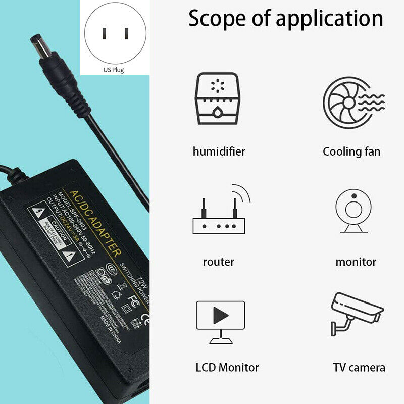 US Plug Universal DC5525 AC 100V-240V to DC 24V 3A Power Switch Adapter 72W SwA2