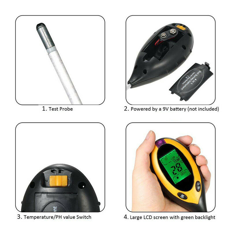 4 In1 LCD Digital PH Tester Moisture Temperature Sunlight Soil Meter Pla DD
