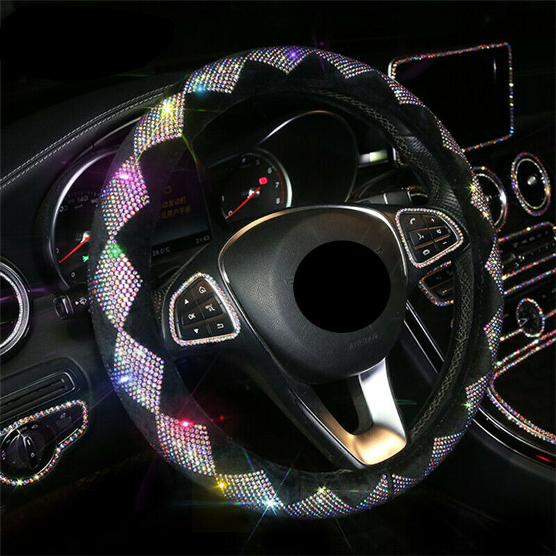 38cm 15" Car Anti Slip Suede Steering Wheel Cover w/Bling Color Diamond Auto SUV