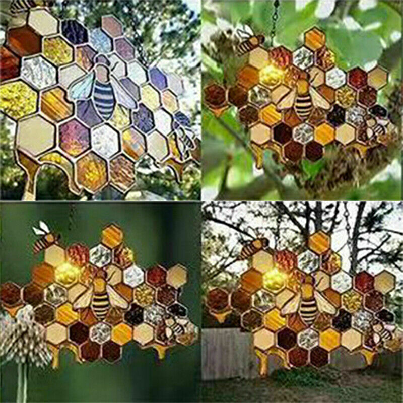 Stained Glass Bee Honeycomb Hanging Suncatcher Ornaments Window Garden Decor
