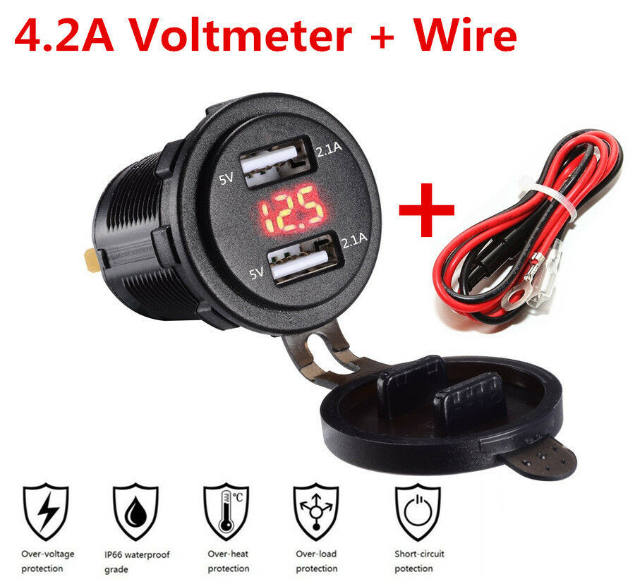 Red LED Digital Voltmeter Dual USB Charger 4.2A for 12-24V Car Marine Motorcycle