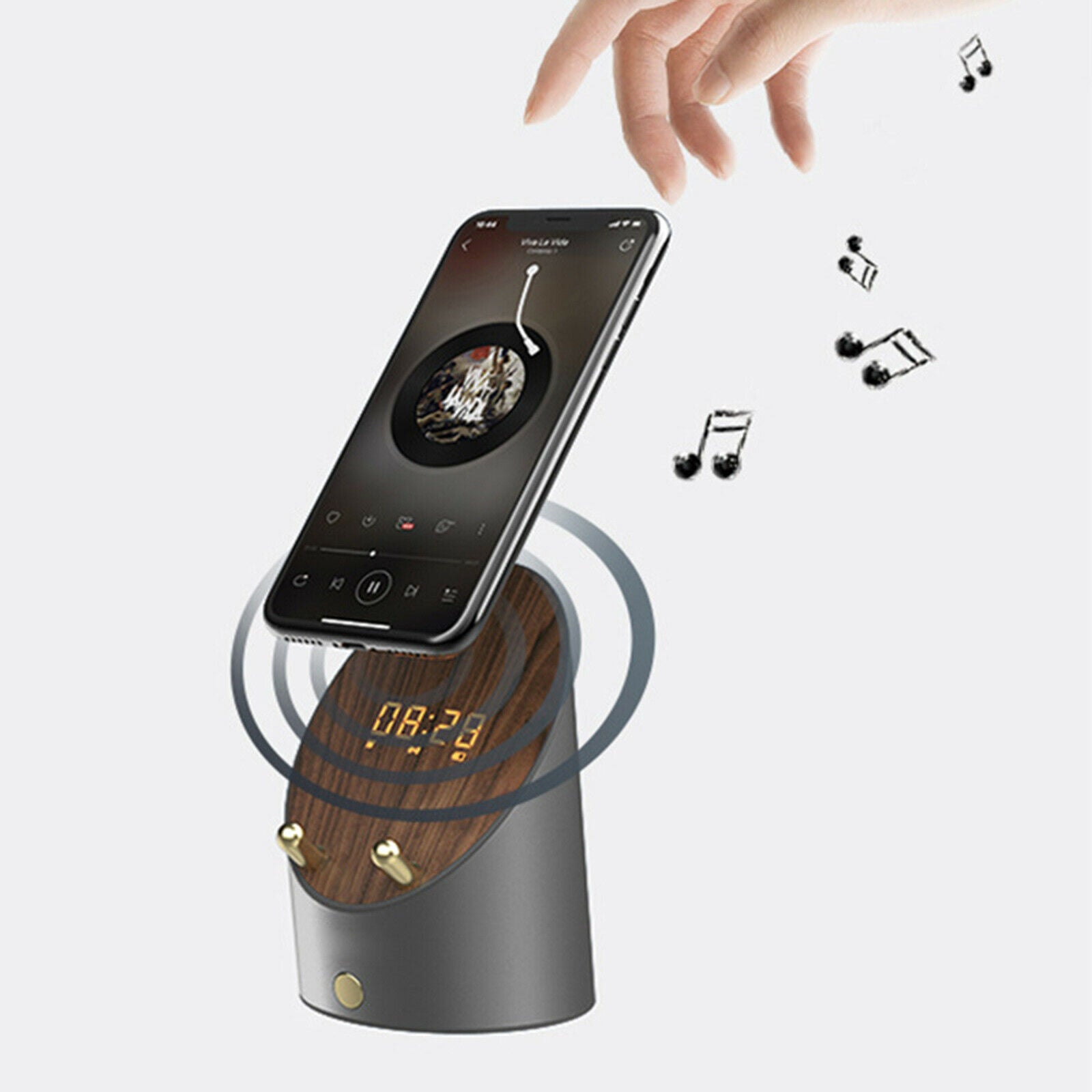 Wireless Speakers Cell Phone Stand Portable Clock Function Wood Screen