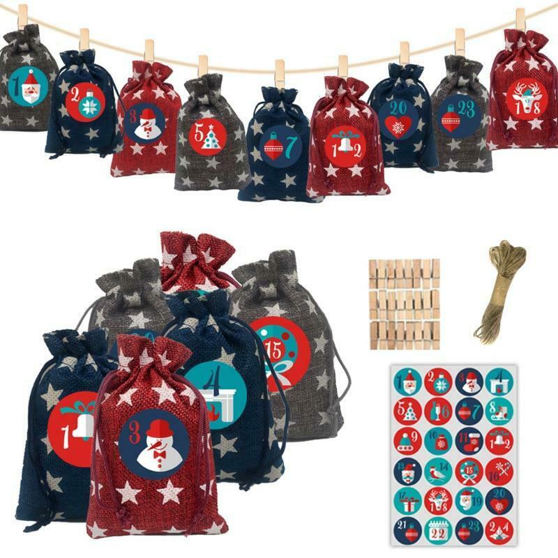 Christmas 2021 Advent Calendar 24 Days Hanging Drawstring Candy Bags w/ Stickers