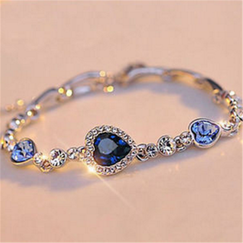 Fine Fashion Women Blue Crystal Rhinestone Heart Charm Bangle Bracelet Gift