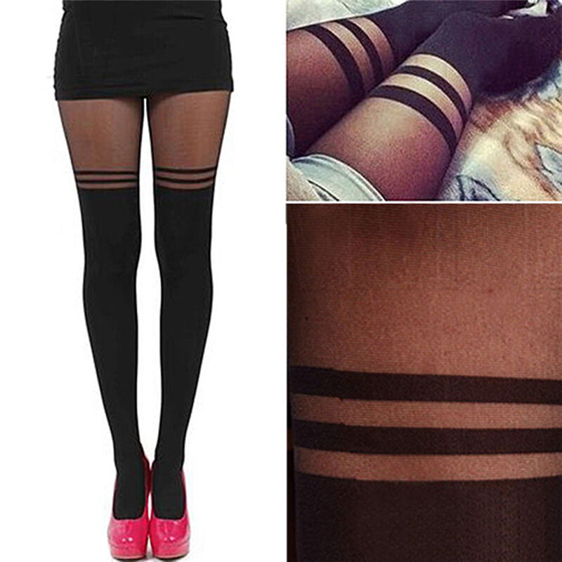 Sexy Women Black Top Temptation Sheer Mock Suspender Tights Pantyhose Stockings