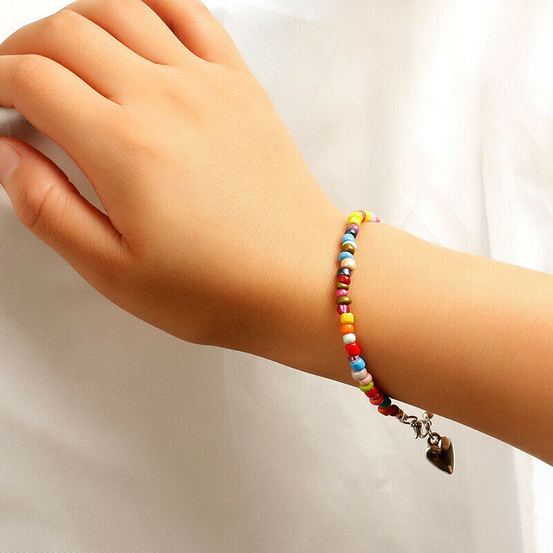 Boho Multicolor Bead Heart Pendant Bracelets Bangle Charm Women Jewelry Gift.DD