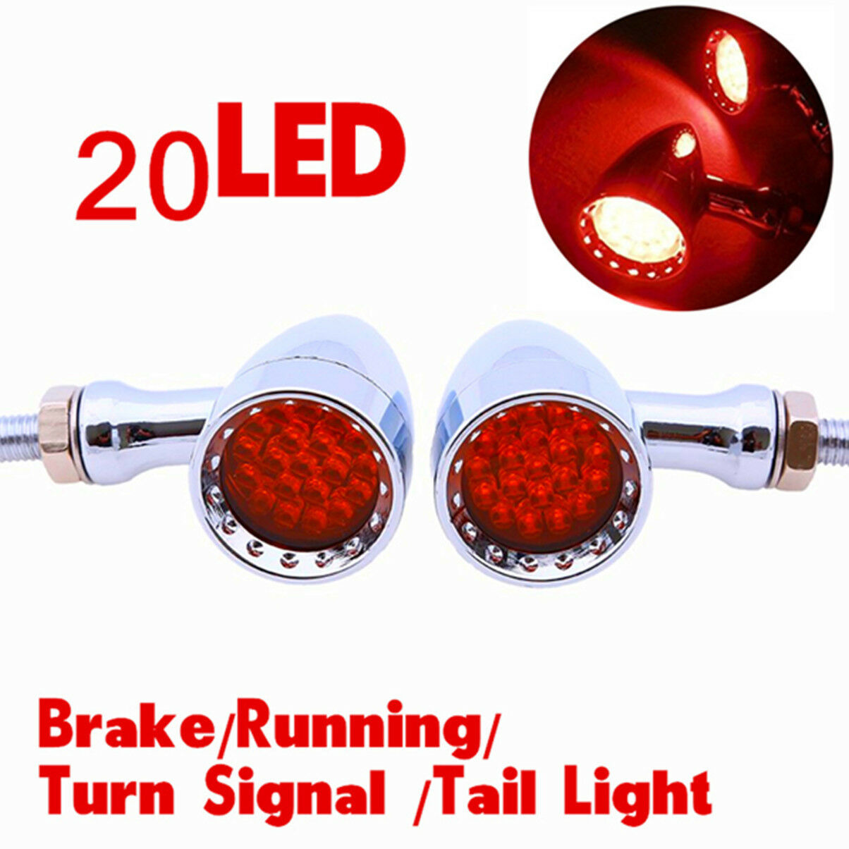 2pcs Red LED Chrome Housing Stop Brake/Running Turn Signal Tail Light Motorcycle