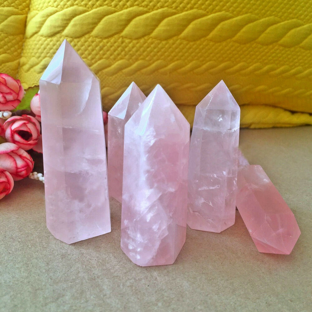 100% Natural Pink Rose Quartz Crystal Wand Point Healing Stone 50-60MM Gift US