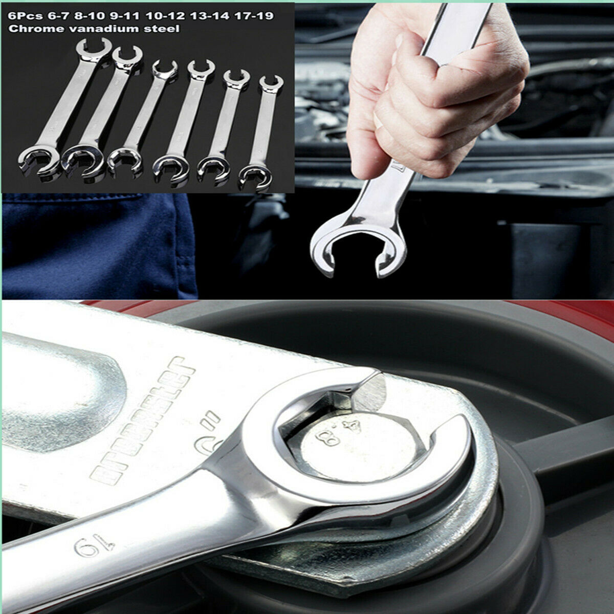 6Pcs/Set  6-19mm 6 Point Chrome Vanadium Steel Metric Flared Nut Spanner Wrench