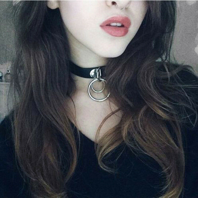 Classic Harajuku Punk Rock Jewelry Double O Ring Leather Collar Choker Necklace