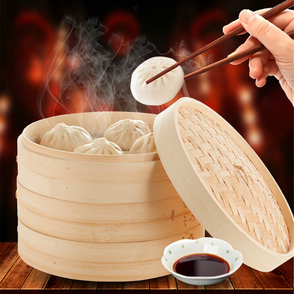 2x Bamboo Steamer Asian Food Steaming Kitchen Steam Basket 15&21cm for DIY