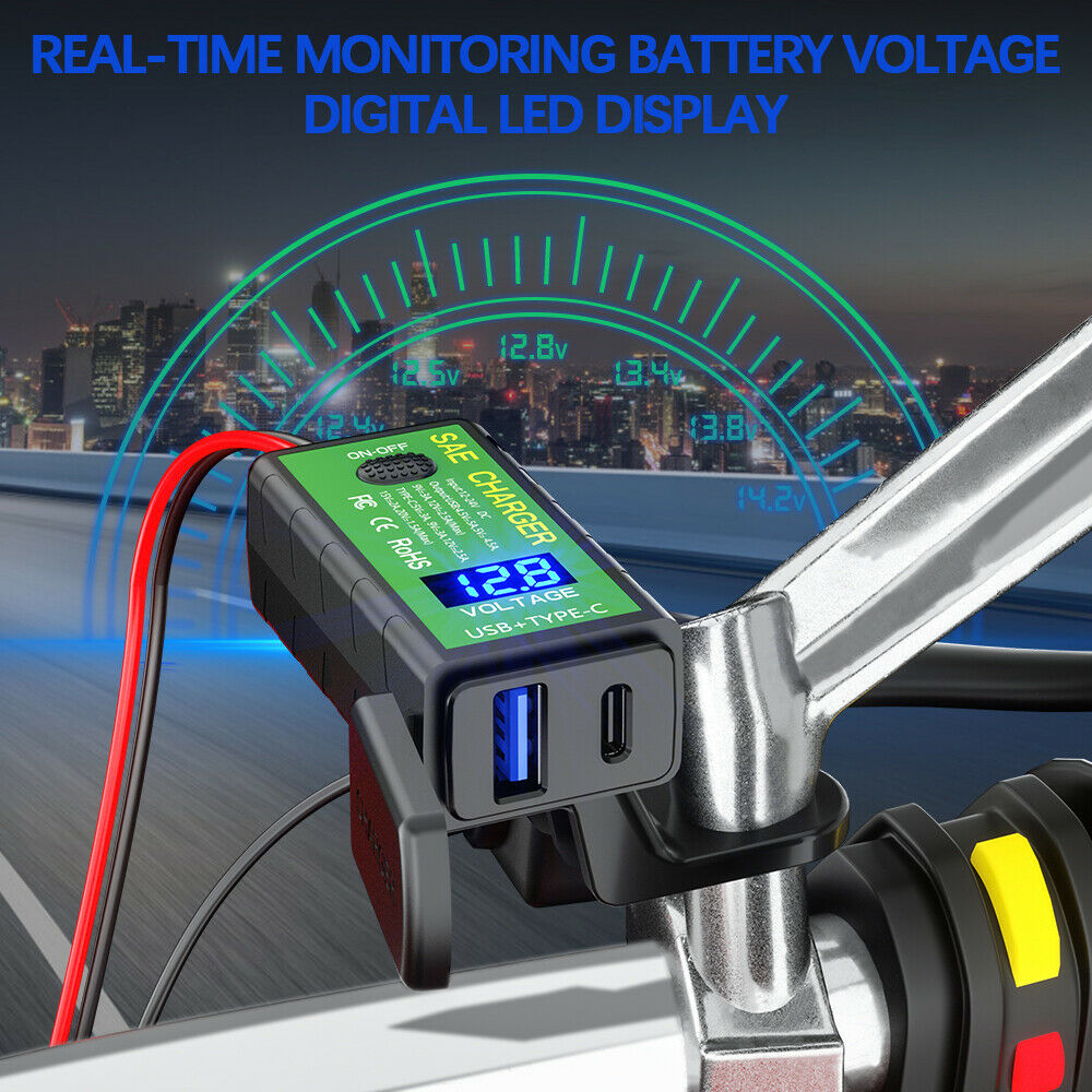 Motorcycle USB Charger SAE to USB Adapter With Voltmeter & ON/Off Switch 30W