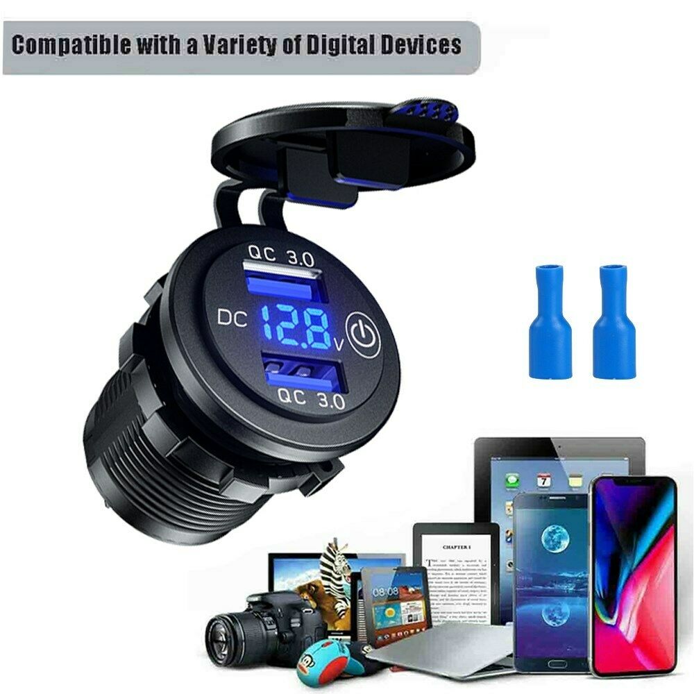 Adapter QC3.0 12V Car Boat Charger Socket Voltmeter With Switch L4-A Blue Light