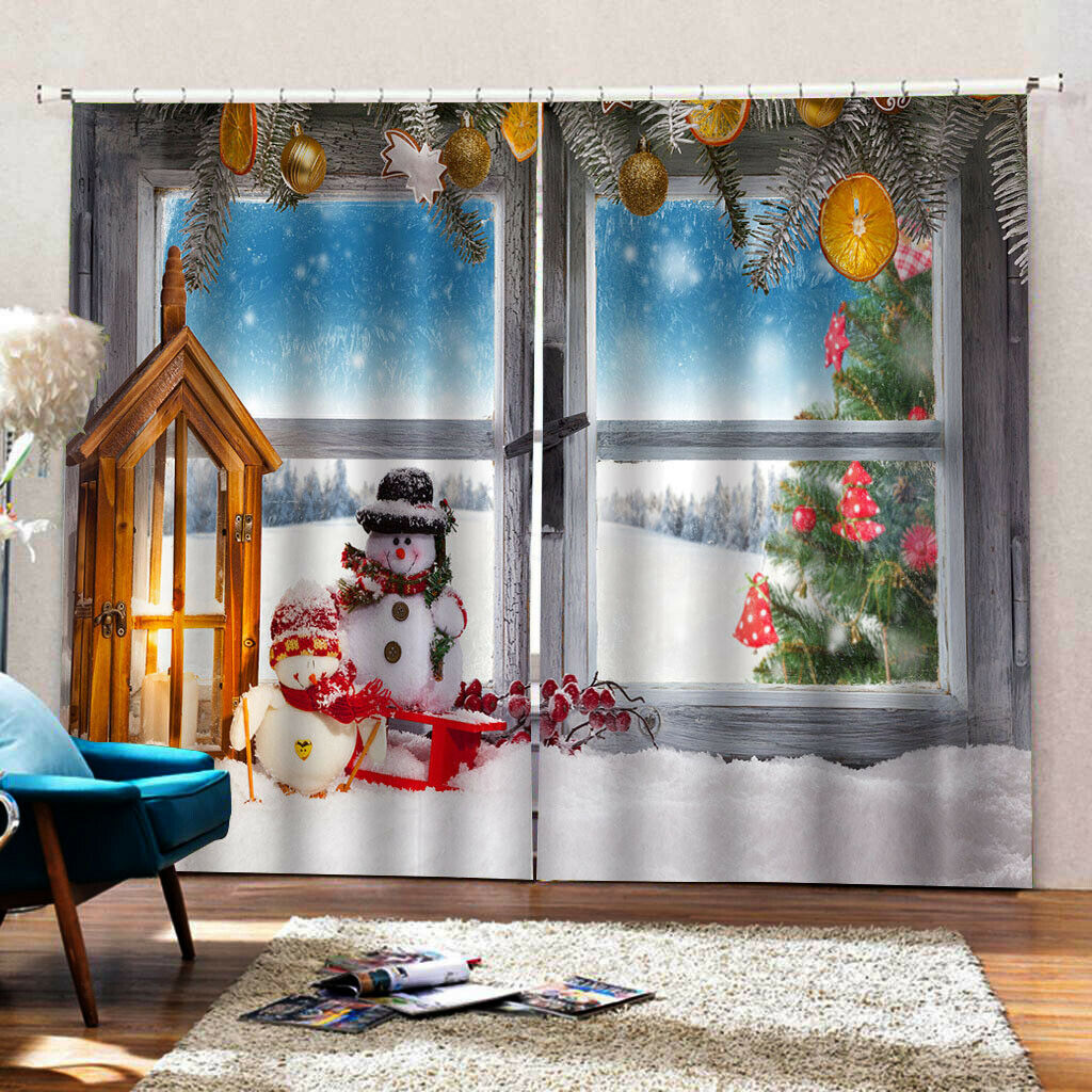 2Set Christmas Curtains, Winter Season Snowman Xmas, Living Room Bedroom Window