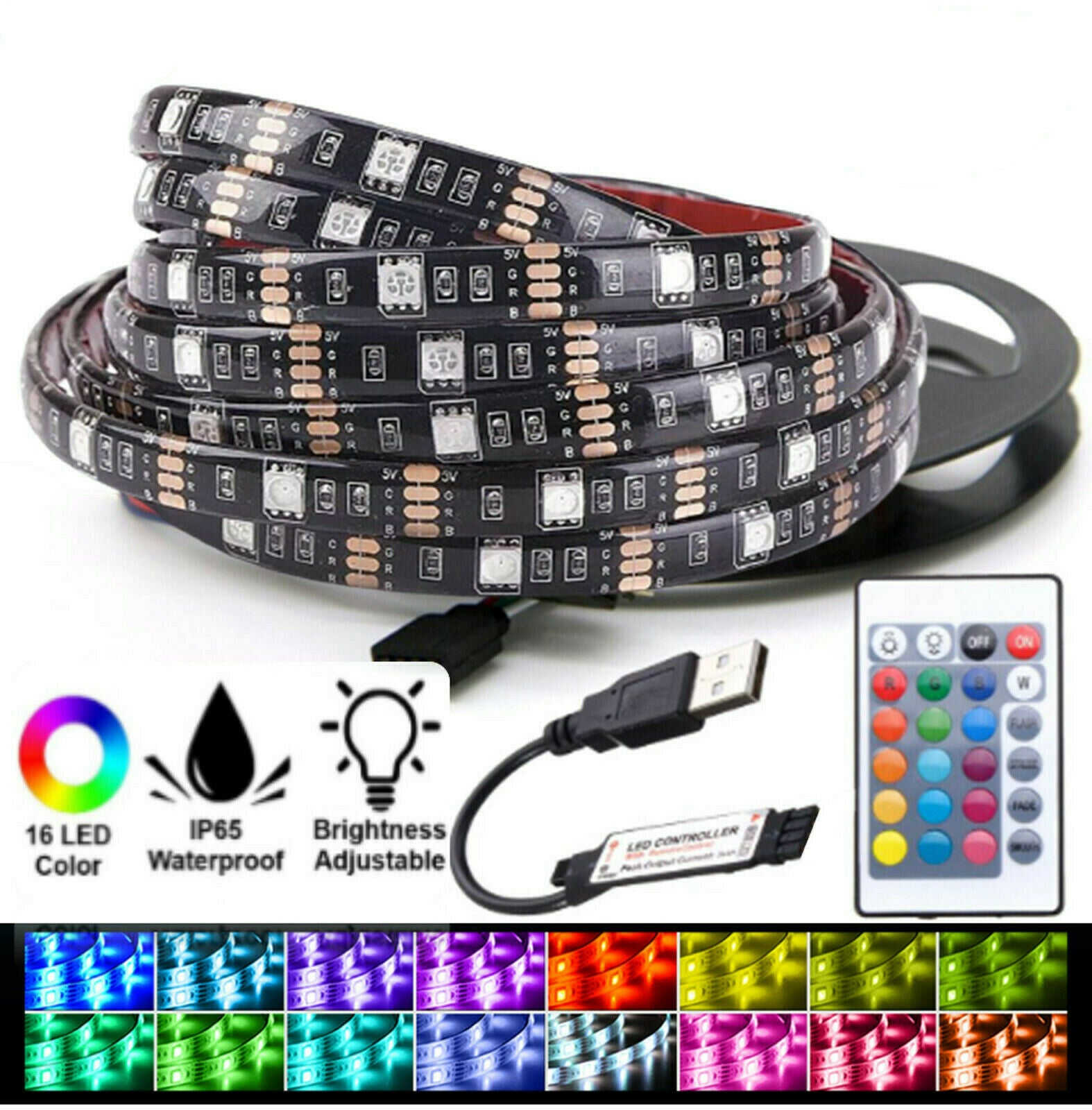 16.4ft Flexible 5050 RGB LED Strip Light Remote Fairy Lights Room TV Party Bar