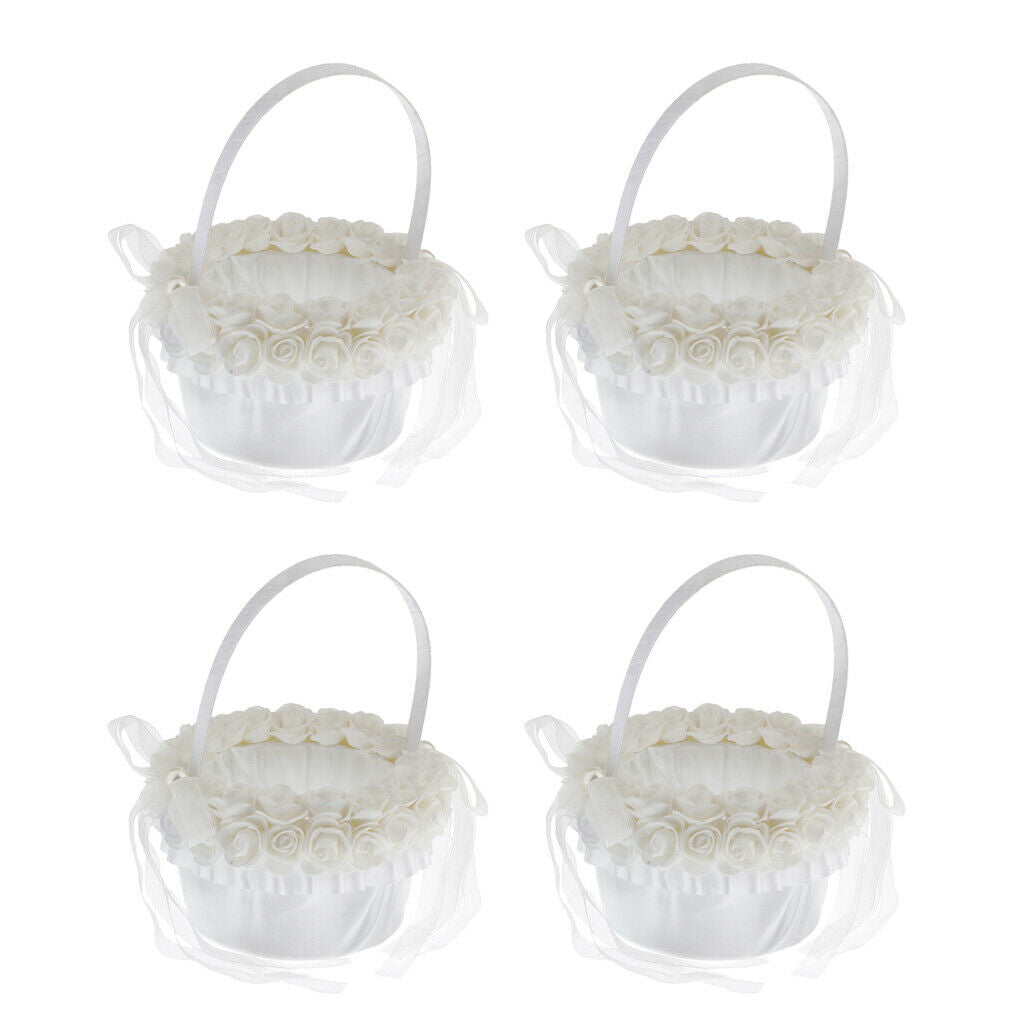 4pcs Ivory Simplicity Flower Girl Basket Decorated w/ Pearls Event w/ Handle