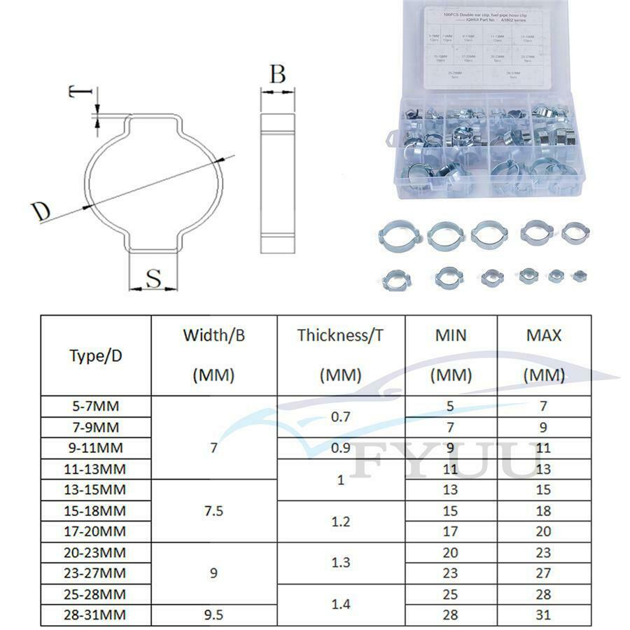 100X Double Ear Hose Clips Water Fuel Air Clamps 5-31MM Zinc Plated Box + Pliers