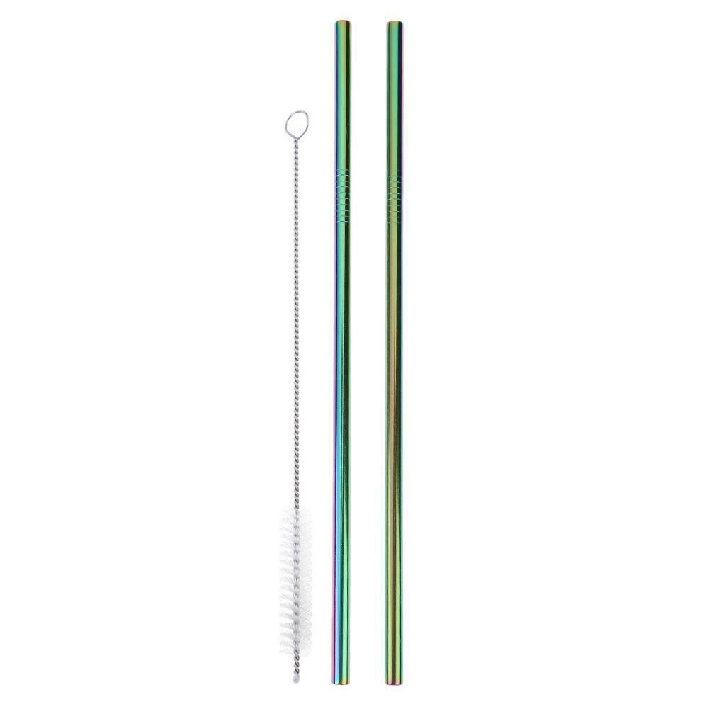 2x Reusable Stainless Steel Metal Drinking Straws +1x Cleaning Brush Home P A#S