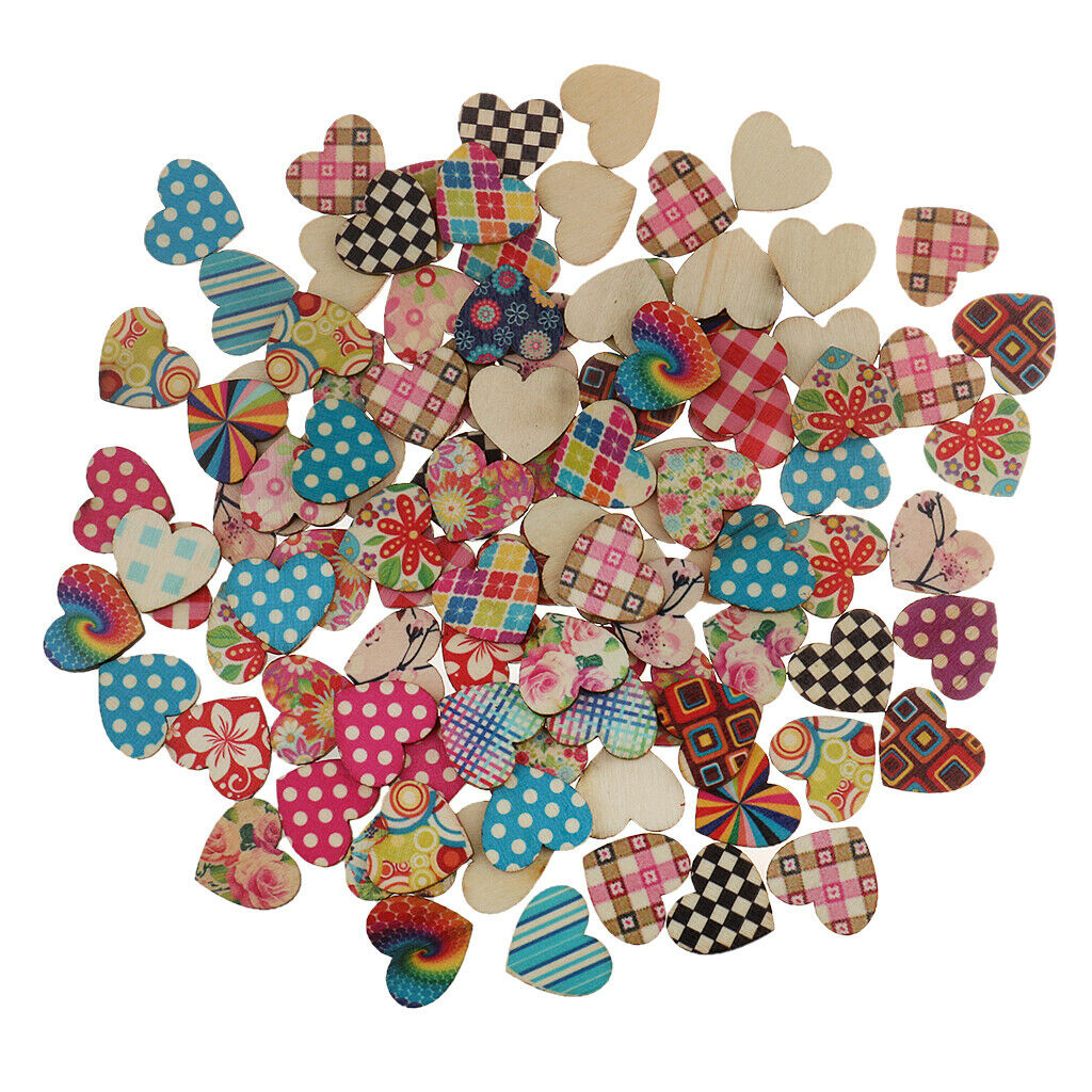 100 Pieces Multicolor Printed Heart Shape Wooden Pieces Wedding Favors