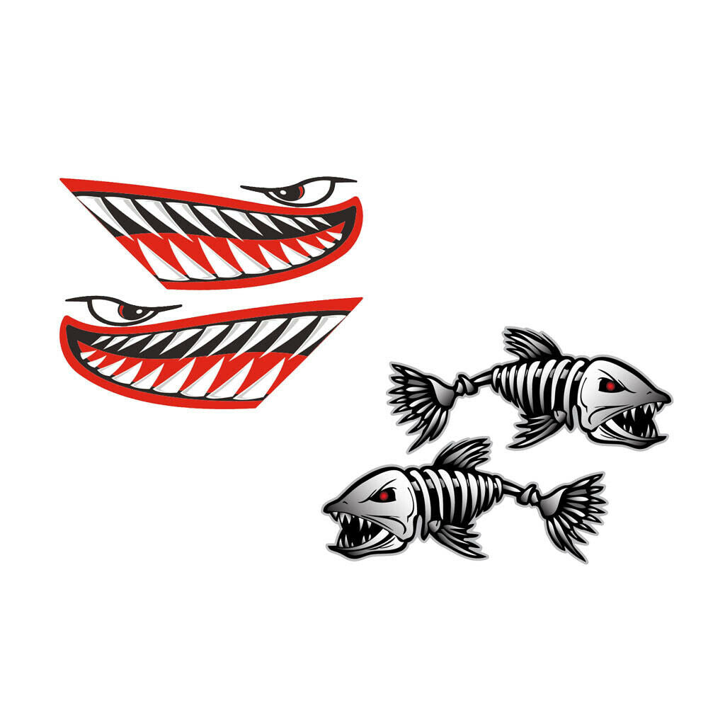 4 Pieces Kayak Boat Shark Teeth Mouth with Fish Skeleton DIY Decals Stickers