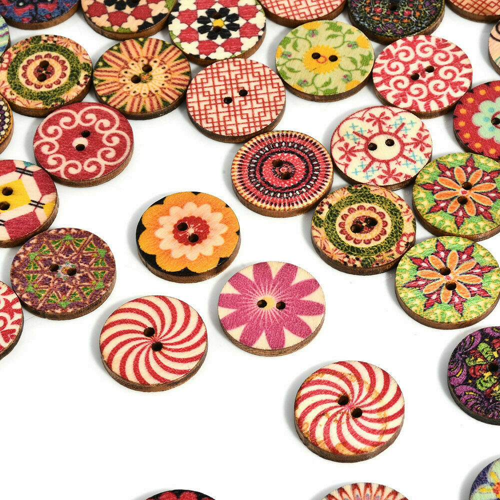 50X 2 Holes Mixed Boho Flower Wooden Button Sewing Scrapbooking DIY Craft 25MM